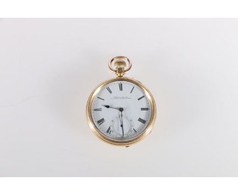 18ct gold open-face pocketwatch, the white enamel dial with subsidiary seconds dial, named to Edwin Flinn, Allesley Road, Lon
