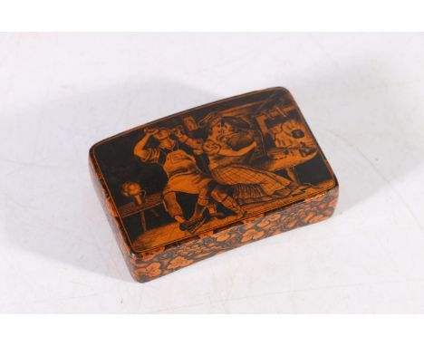 Antique treen sycamore penwork snuff box, possibly Mauchline, the top with Tam O' Shanter tavern scene, verse below 'The Land