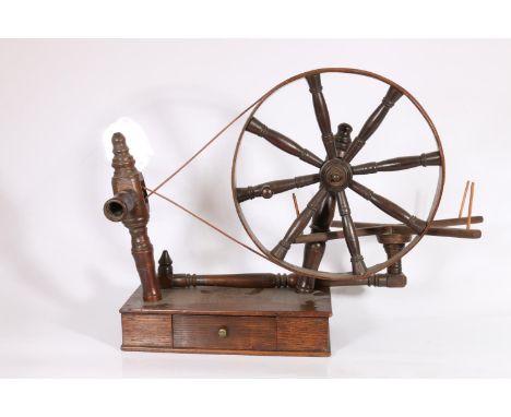 19th century oak tabletop spinning wheel and wool winder with drawer below, 51cm. 19th century oak tabletop lace-maker's bobb