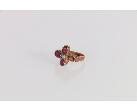 Antique 9ct gold ruby set dress ring, having four faceted rubies set in the form of a cross, with central small turquoise, ri