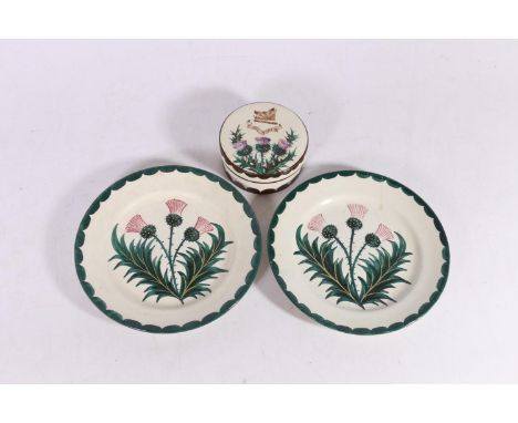 Wemyss ware pottery circular box with cover, decorated with a wild boar motif above the motto 'Nil Tibi', with a panel of thi