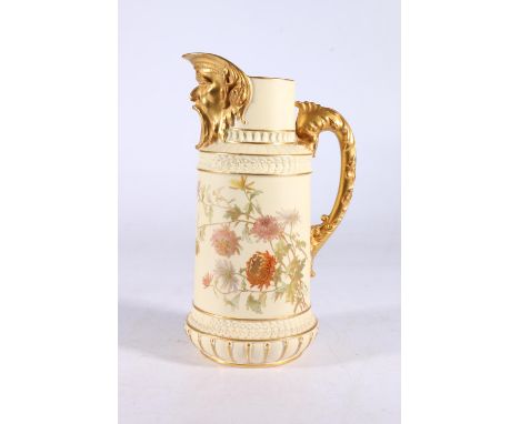 Royal Worcester blush ivory porcelain ewer, the spout modelled as the head of the god of wine Bacchus, pattern no.366, regist