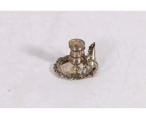 Victorian novelty silver miniature chamber-stick or taper-stick, with snuffer on chain, makers marks rubbed with only 'star I