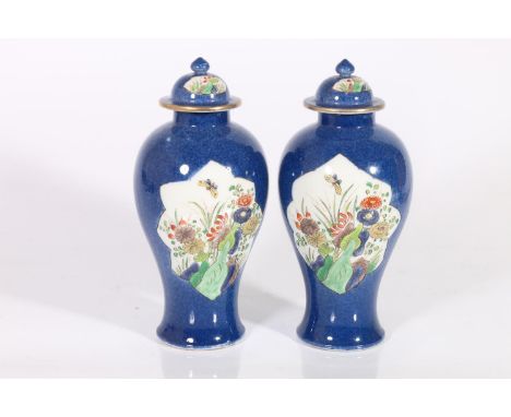 Small pair of 19th century powder blue baluster vases with domed covers, decorated with panels of butterflies and flowers, on