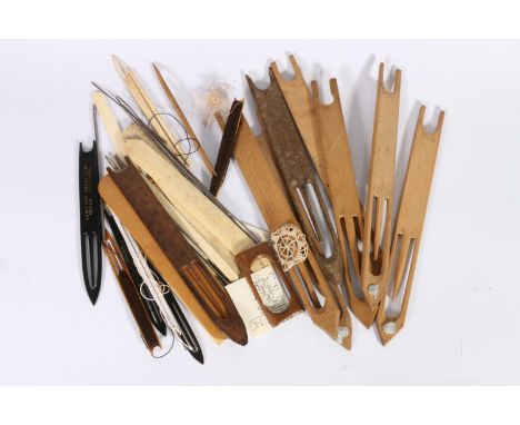 Group of mostly 19th century metal, wooden, and 19th century ivory, and bone netting and lace tools. 