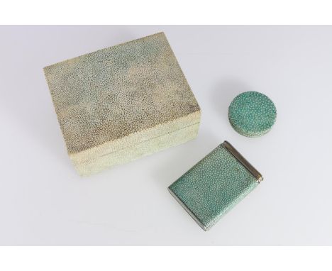 1930s Art Deco card case with shagreen body and gilded interior, a circular compact mirror with shagreen body, and a shagreen