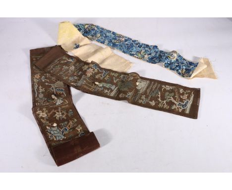 Pair of 19th century silk open weave embroidered sleeve panels, in brown with gilt metal backing, the scene depicting a woman