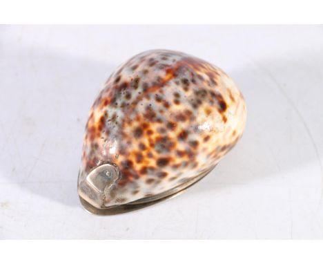 George III style silver and cowrie shell snuff box, with hinged cover, decorated with a foliate motif, 8cm. 