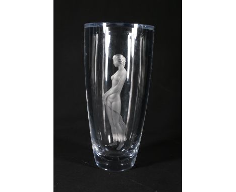 Sven Palmqvist for Orrefors etched glass vase decorated with female nude, #1726, signed to base, 30cm. Very small nibbles or 