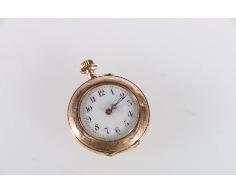 Lady's 14ct gold open-face fob watch, the white enamel dial with Arabic numerals, stamped 0.585, 17.5g gross. Case diameter i