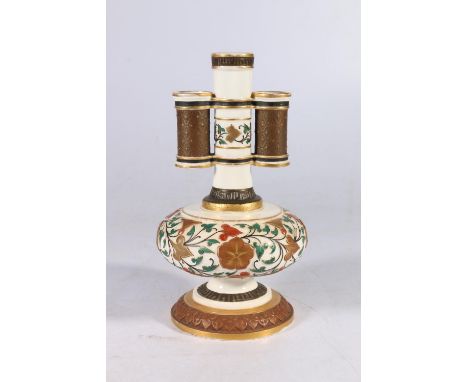 Royal Worcester porcelain arrow vase, decorated with gilt and green painted leaves on stems, puce stamp to underside, 21cm ta