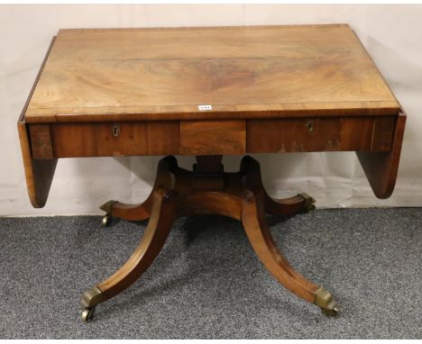 Antique crossbanded mahogany sofa table of typical form with drop sides, two frieze drawers raised on quadripartite base, 94c