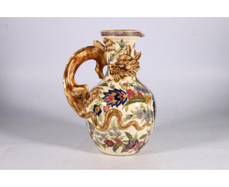 Zsolnay Pecs of Hungary pottery ewer jug, imitating Chinese cloisonne work, with relief Kylin dragon handle, blue backstamp t