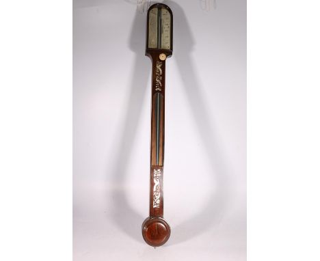 19th Century rosewood stick barometer, with mercury gauge, decorated with mother-of-pearl birds in foliage. 