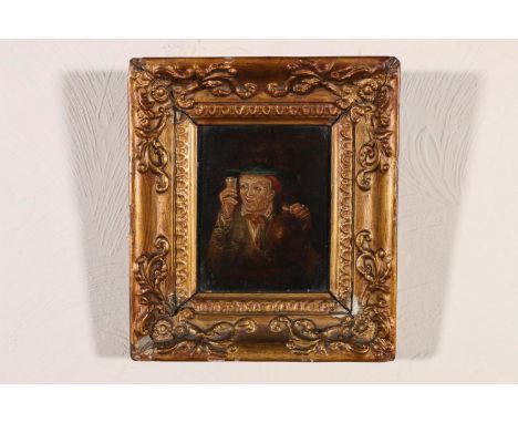 19TH CENTURY SCHOOL Portrait of a gentleman in bonnet, with ale glass and flagon Oil on panel, unsigned, 13cm x 10cm, frame s