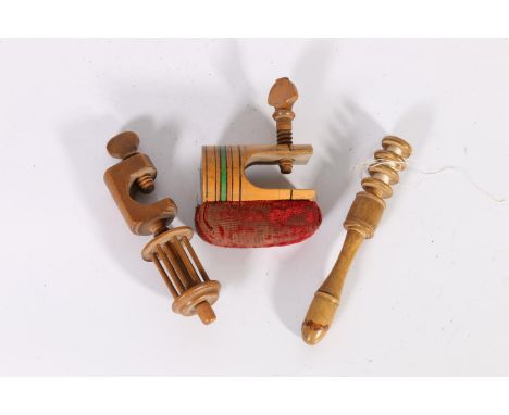 19th century carved wooden armchair thread winder with screw fixing, 13cm, a 19th century pincushion, 10cm, and an early 19th