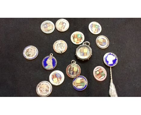 Enamelled Sixpences; George III x 2, Victoria x 13 (including one in a glazed contemporary mount and a stick pin) (15)