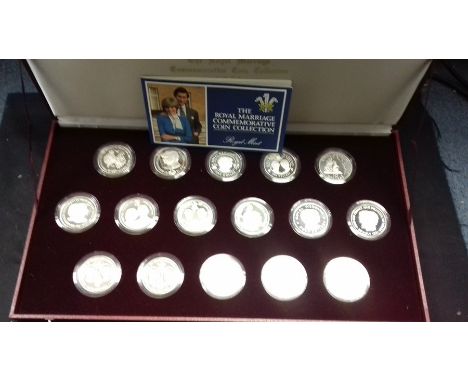 The Royal Marriage Commemorative Coin Collection 1981. 16 Silver Proof Crown Coins, Ascension Island, Bahamas, Bermuda, Cayma