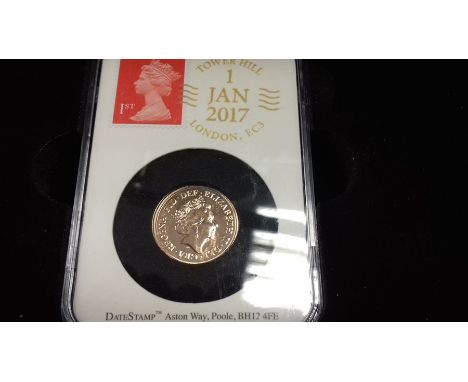 **REOFFER IN COINS JULY 19 £125-£200**&nbsp;Sovereign 2017 Bicentenary Date Stamp, with First Class Stamp Struck on 1st Jan 2