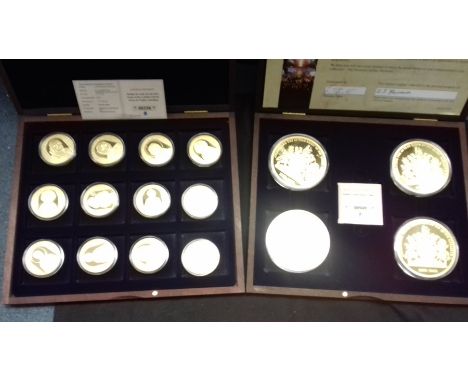 **REOFFER IN APRIL A&amp;C £50-£100 GL 09.04.19**Cu gold plated Proof coin sets in wooden presentation cases with certificate