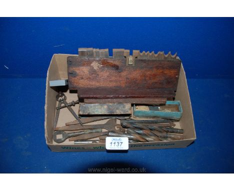 A quantity of Carpentry chisel and drill Bits, dividers and boxed Moore & Wright cutters.