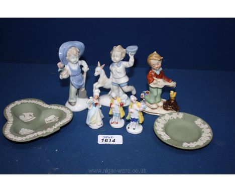 Six German porcelain figures including Goebel style, three miniature figurines and blue and white and two Wedgwood  green Jas