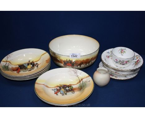 A Royal Doulton 'Coaching Days' Fruit set comprising fruit bowl and six dishes, a small Locke & Co., Worcester blush ivory po