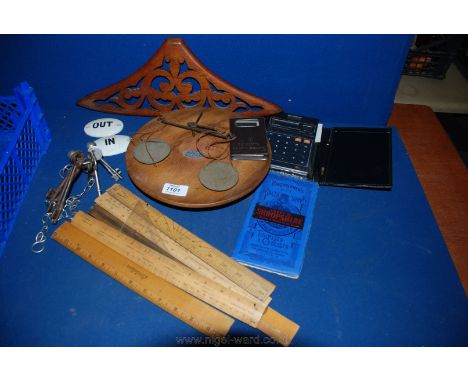 A quantity of wooden Rulers, wooden Lazy Susan, old Keys, Bartholomew's Map for Shropshire, small pair of chemist's Scales, e