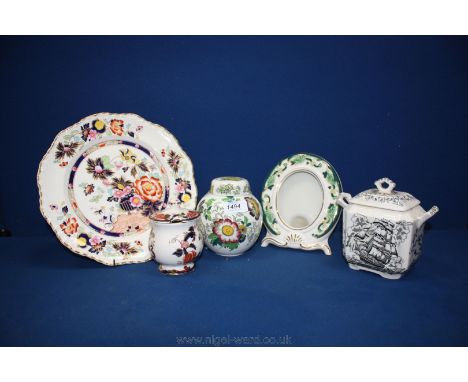 Five pieces of Masons china including Sugar caddy, 'Mandalay' preserve Pot, 'Paynsley' ginger Jar, 'Chartreuse' photograph fr