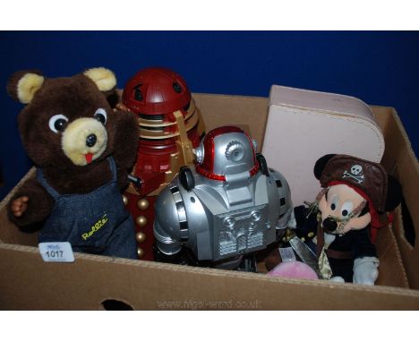 A quantity of toys including Dalek, Robot, Teddy on roller skates, Mickey Mouse bean toy and a child's tin plate part tea set