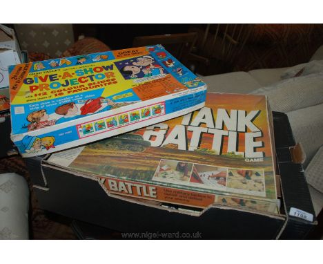 A quantity of Toys and Games including 'Give a Show' Projector by Chad Valley, Tank Battle by MB Games, leather Music Case, L