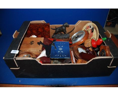 Miscellaneous items including Treen Stationary Boxes, Trophies, novelty Nutcracker etc., model Dog, Barometer,Clock, Shells, 