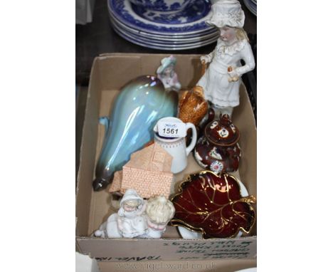 A box of china including pair of Carltonware leaf dishes, David Winter 'Little Market' House, mini Barge ware Teapot, empty B