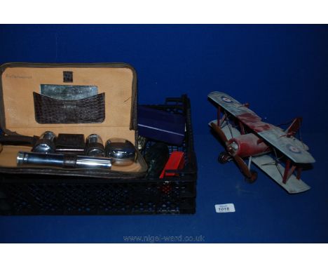 A quantity of miscellanea including a gent's cased travel set, plated and leather hip Flask, ''Harry Potter'' style magic wan