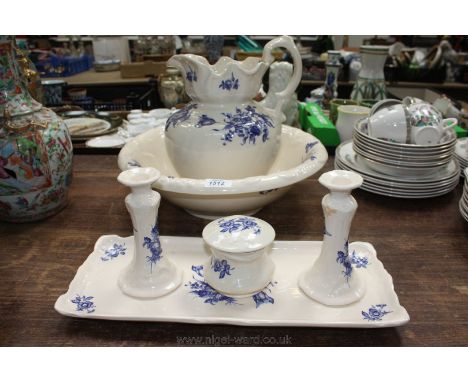 An Ironstone Bedroomware Set comprising Jug and Bowl, and matching Vase, tray, Trinket Box and blue and white Tray  