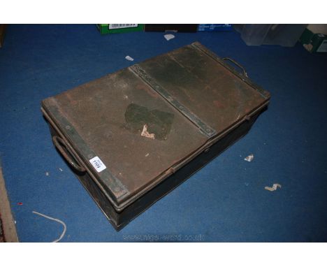 A green painted tin Trunk, containing old linen Kit Bag and British Airways blanket