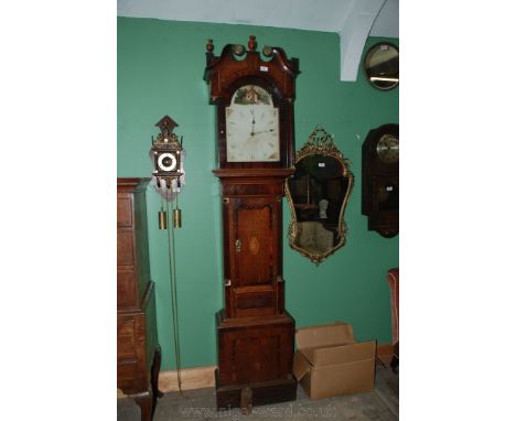 A late 18th/early 19th c. Oak and Mahogany Longcase Clock with swan pediment to the glazed single pane hood having brass deta