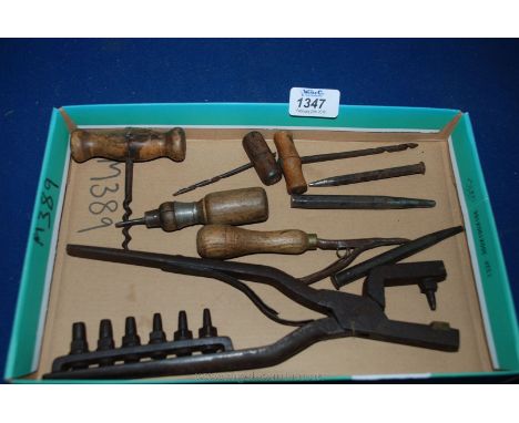 Miscellaneous leather working Tools including vintage Punch (six different sizes) and a Brown's pattern Rug leather worker's 