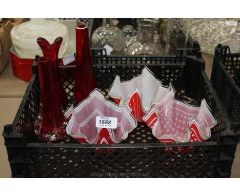 Three Whitefriars ruby Vases and three red handkerchief Vases, also 1960's.