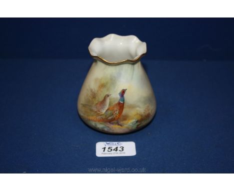 A Royal Worcester globular Vase, shape no. G957, 3 1/4'' tall with Cock and Hen Pheasant decoration by James Stinton, dated 1