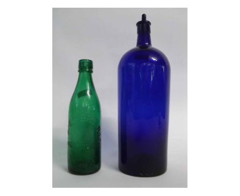 Vintage Bristol Blue glass large lidded bottle, 38cms tall and further smaller green bottle  (2)