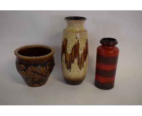 Large brown glazed West German vase together with a further cylindrical German vase  with a red striped design and a salt-gla