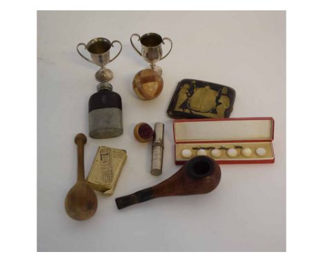 Box of mixed lot to include a puzzle ball, miniature pewter hip flask, corkscrew, two silver  plated small presentation cups,