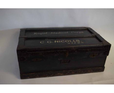 Early 20th century wooden and metal mounted Airman's travelling trunk, zinc lined  within, label inside of P T Baker & Co Ltd