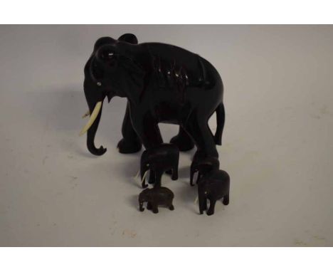 Large ebony and bone model of an elephant together with four further smaller examples,  tallest 23cms (5)  TOYS TO INCLUDE DI