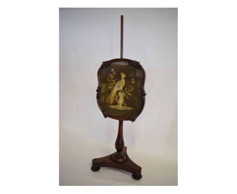 William IV rosewood pole screen with stump work style panel of a bird standing on a vase  of flowers with decorative carved s