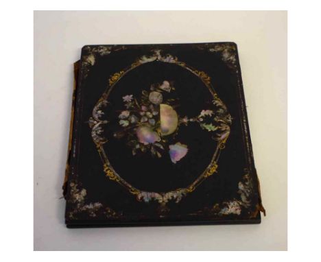Papier mƒch‚ and mother of pearl inlaid folding album with red baize lined interior (a/f), 23cms wide x 30cms tall
