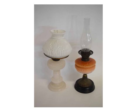 Victorian opaque oil lamp with stepped column and fluted font, together with matching  fluted shade, together with a further 