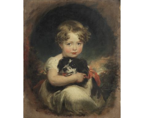 Sir Thomas Lawrence P.R.A. (Bristol 1769-1830 London)Portrait of Jane Allnutt with her pet spaniel, within a painted oval oil