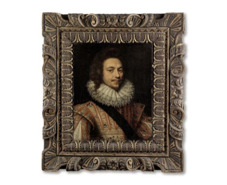 Attributed to Frans Pourbus the Younger (Antwerp 1569-1622 Paris)Portrait of a gentleman, bust-length, in an embroidered doub